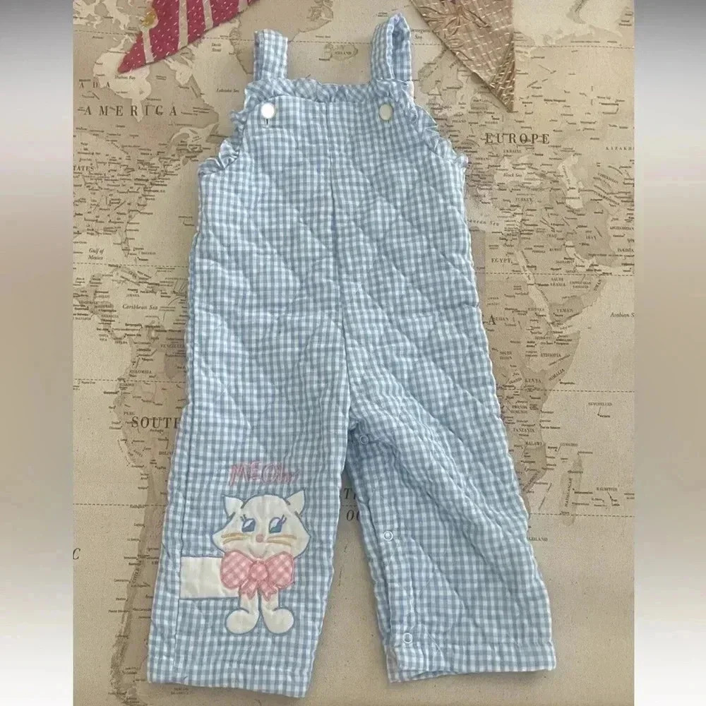 Vintage Tiny Tots Blue Gingham Embroidered Cat Overall Romper 24Mo